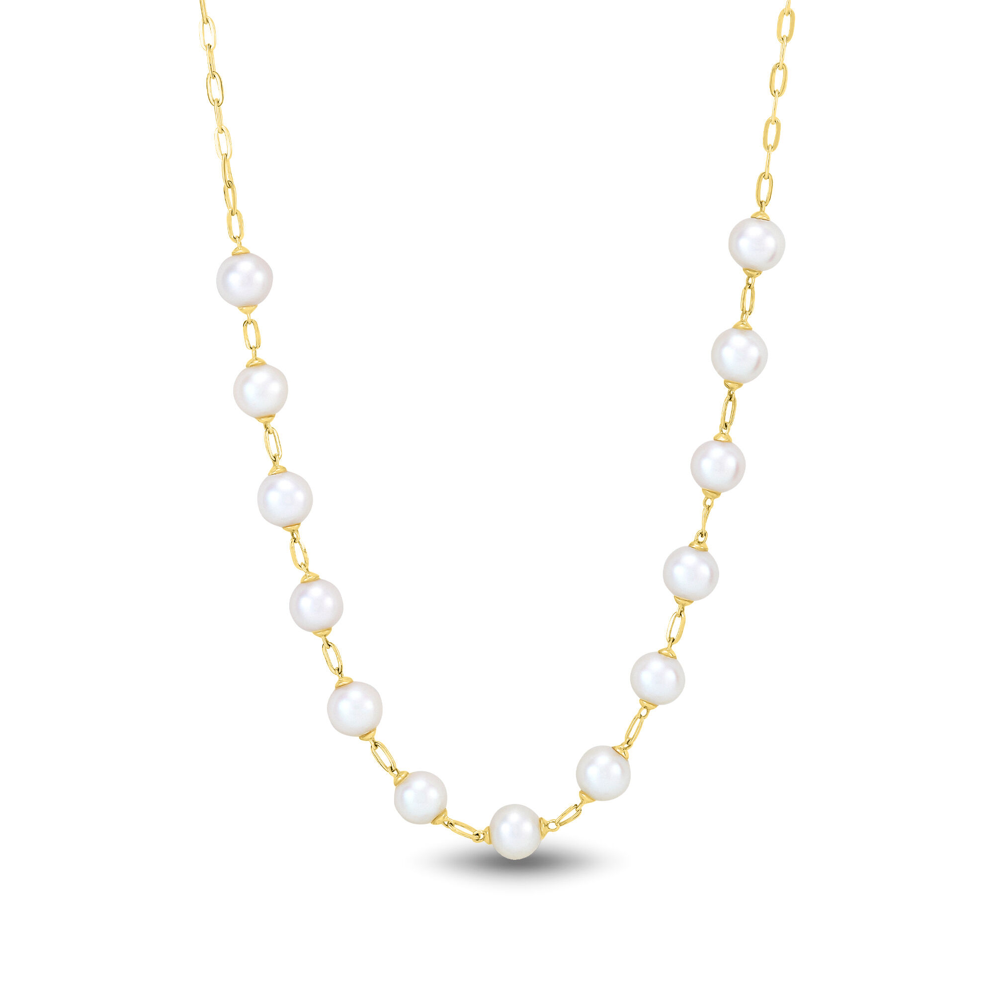 14k Gold Pearl & Paperclip Station Necklace - J.H. Breakell and Co.